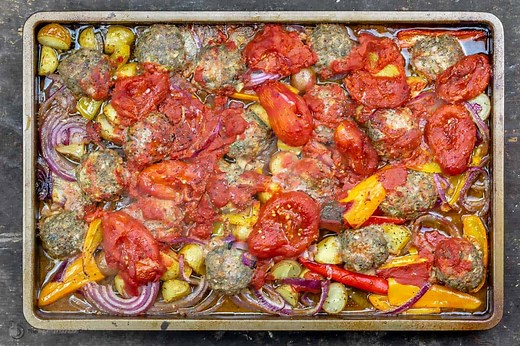Sheet Pan Baked Meatballs with Vegetables - Quick & Easy!