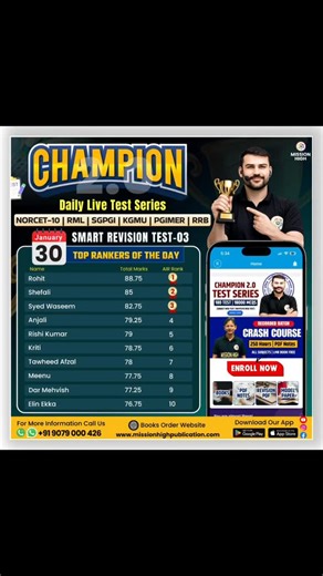 MISSION HIGH – CHAMPION 2.0 LIVE TEST SERIES 🔥 (India’s Most Trusted Test Series for Future Toppers) 🌟 *TEST NAME - *Smart Revision TEST-03* 🥇 TOP PERFORMER OF THE DAY: ✨ * *ROHIT – 88.75 %* (Outstanding Performance! A true example of discipline & dedication.) To Join *Daily Live Test Series* Download Mission High App Now 👇 https://bit.ly/3C6wBxB Download Test Series Schedule PDF 👇 https://surl.li/dhuibl Target Exam: NORCET-10, SGPGI, RML, KGMU, RRB & All Call/W 4 Help: 9079000426, 88908004