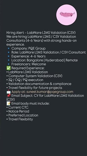 Open to new LIMS Validation / CSV opportunities! #Hiring #LabWare #LIMS #CSV #Validation #RemoteJobs