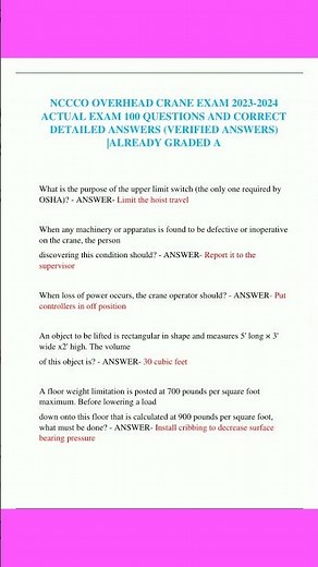 Nccco Overhead Crane Exam 2023 2024 Actual Exam 100 Questions And Correct Detailed Answers Verified