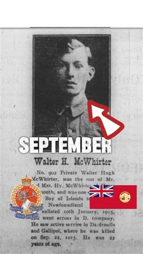 The 1,076 men of the Newfoundland Regiment landed at Suvla Bay on the Gallipoli peninsula under the cover of darkness around 3 AM on Sep 20 1915. They came under Ottoman fire almost immediately and #OTD Sep 22 1915 the Regiment lost its first soldier in combat, Private Hugh Walter McWhirter, when he was taken out by an Ottoman shell. 21 year old Private Hugh Walter McWhirter (service number:902) Royal Newfoundland Regiment, 1st Bn was taken on Sep 22, 1915. He was the son of Hugh Henry and Lotti