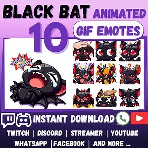 10x BLACK BAT ANIMATED Gif Emotes Pack for Twitch, Discord, Kick, Youtube, Facebook, Whatsapp, Etc | Cute Chibi Cartoon Black Bat Sticker - Etsy