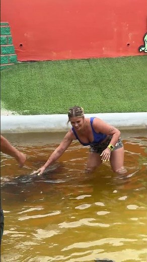 Paige VanZant lifts an American alligator out of the water in a dare at Everglades Holiday Park