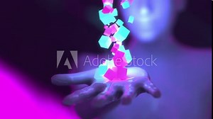Metaverse brick - 3d generated female character opens hand and releases purple and blue virtual reality cubes. Camera moves from the hand to the face of the cyborg. Cubes represent digital bricks.