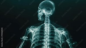 X-ray of person. Human anatomy. Man body scan. Medical Exploration through Radiographic Imaging back view. Health care. Xray photo. People skeleton hologram. Skull, bones diagnostic. Black background.