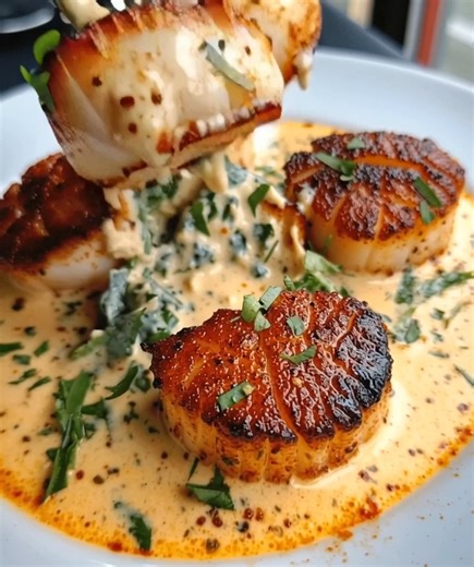 Seared Scallops in Creamy Garlic Butter Sauce 🧈🦪 Decadent restaurant-style seafood made easy at home! 📝 Ingredients: 12 large sea scallops, patted dry 1 tbsp olive oil 3 tbsp butter, divided 3 cloves garlic, minced 1/2 cup heavy cream 1/4 cup chicken broth 1/4 tsp smoked paprika 1 tbsp lemon juice 1 tbsp chopped parsley Salt and pepper to taste 🍴 How to prepare it: 1️⃣ Perfect sear: Heat olive oil and 1 tbsp butter in a skillet over medium-high. Sear scallops 2–3 minutes per side until golde