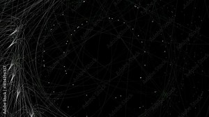 Dark, cinematic visualization of complex network arcs and nodes. Thin, glowing white lines curve gracefully across the screen, connecting various points to a dense central hub on the right, while scat