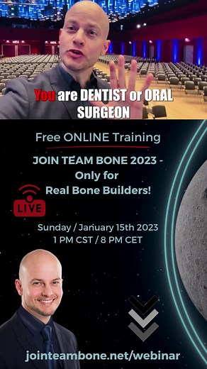 ▶️▶️▶️ Today I’ll invite you to my FIRST new and FREE dental online live Training in 2023: Join Team Bone 2023 - Only for REAL BONE BUILDERS Sunday / December 8th 2023 1:00 PM CST (8:00 PM CET) http://jointeambone.net/webinar Are you curious and want to be part when we reach the next level of successful dental implantology together? 🤝 🎁 Then take the chance and register for one of our limited FREE seats NOW! I’m looking forward to see you there! ✌️ Yours Frank Zastrow #jointeambone #realbonebu
