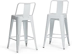 SIMPLIHOME Rayne Counter Stools (Set of 2) - 24 Inch Seat Height Metal Kitchen Seats in White, Industrial Seating for Dining Room or Kitchen with Curved Backrest and Footrest
