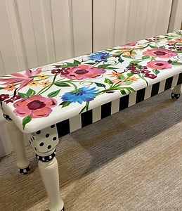 Hand-painted Floral Farmhouse Bench, Black and White Accent - Etsy