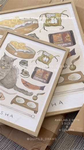 QUIPILS | Pet Portraits on Instagram: "2026 Commissions OPEN! 40% OFF — ends anytime 🥹✨ (Exclusive for IG DM orders) Your pet surrounded by ALL their favourite things — toys, treats, bed, exact food packets… every detail 100% hand-drawn with love (NO AI ever ♡) ❤️ The best gift for pet parents ❤️ ✈️ Worldwide shipping available Also available as high-res digital file or framed print! DM @quipils_draws to book your slot before the discount ends! #PetPortrait #CustomPetPortrait #HandDrawnPet #NoA