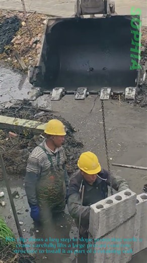Retaining Wall Construction: Crane Lifts Concrete Structure for Slope Protection