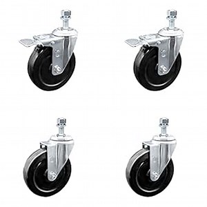Hard Rubber Swivel Threaded Stem Caster Set of 4 w/5" x 1.25" Black Wheels and 1/2" Stems - Includes 2 with Total Locking Brake - 1100 lbs Total Capacity - Service Caster Brand