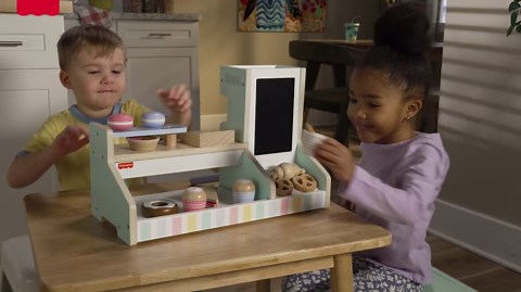 Fisher-Price Wood Pretend Play Coffee Shop & Toy Register, 20-Piece Wooden Food Playset for Preschool Kids Ages 3+ Years