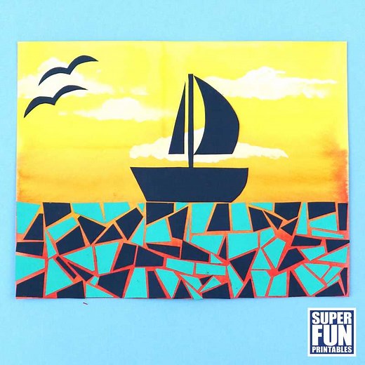 15K views · 530 reactions | Summer art project! Use a watercolour blending technique to create a sunset sky and decorate with a paper mosaic and boat silhouette. The template is available here: https://www.thecrafttrain.com/paper-mosaic-sunset-boat-scene/ On the blog we've also included how to get a similar sunset sky blend using arylic paints | The Craft Train | Facebook