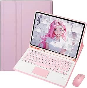 Keyboard Case for Samsung Galaxy Tab S7 FE / S7 Plus 12.4",Slim Smart Stand Case Detachable Tablet Keyboard and Mouses,with Smart Touchpad Built in Pencil Holder, Auto Sleep - Pink