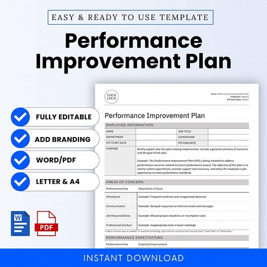 Performance Improvement Plan (MS Word, Pdf) | Simple HR Template Office, Employee PIP, Employee Performance Review | Editable Business Form - Etsy