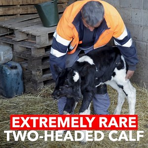 A calf with two heads, an extremely rare condition, was born in Lazec, a village in North Macedonia on Friday. The calf has fused skulls, two pairs of eyes, two mouths, one pair of ears, and when sucking milk with one mouth, the other one reproduces the movement simultaneously. #twoheadedcalf #babycow #twoheaded #2headed #weirdanimals #freakanimals #conjoinedtwins #anews | A News