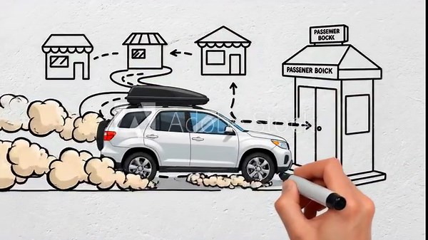Whiteboard animation showing border crossing process with route diagram, vehicle approaching checkpoint and movement flow, illustrating travel procedure, inspection stages and navigation concept