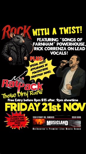 Friday night you get to experience RAT PACK but not as you know it!!Whilst our lead singer, George Georgiadis rests up after recent surgery, we have gone straight to the top for a replacement!! In steps on lead vocals, the POWERHOUSE singer from Songs of Farnham, none other than our great friend, “THE VOICE” Rick Correnza!!In an even bigger surprise, the charismatic frontman of Powerstryde, Daniel Dzanovski will also be making a guest appearance through the night to sing a few tracks!!So Musicla