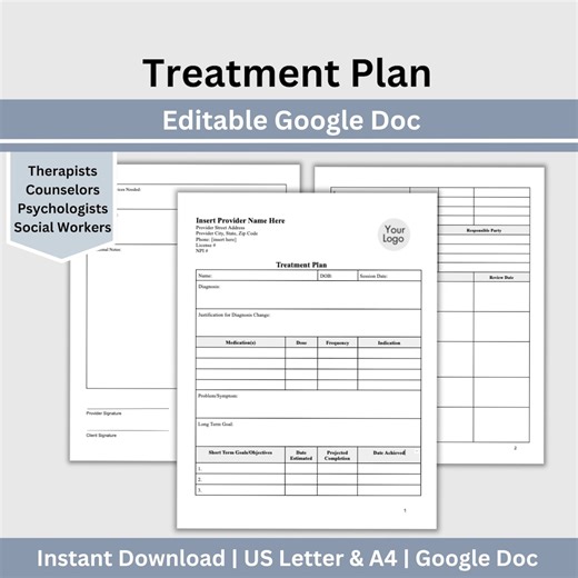 Editable Treatment Plan Template: Mental Health Therapy Notes (google Doc) - Etsy