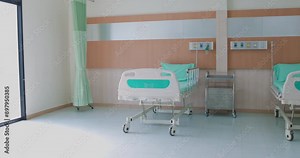 Hospital room in hospital. Hospital room with beds and comfortable medical equipped. Recovery Room with beds and comfortable medical. Interior of an empty hospital room. Healthcare and medical.
