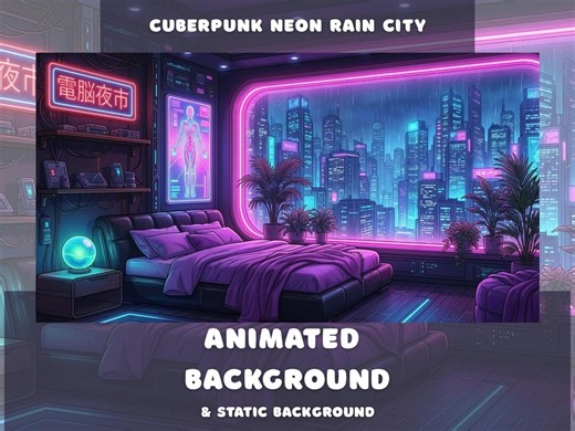 Cyberpunk Neon Rain City Animated Background Vtuber Overlay Twitch Futuristic Techno Cyber Room Scifi Japanese Neon Purple Desktop Wallpaper - Etsy