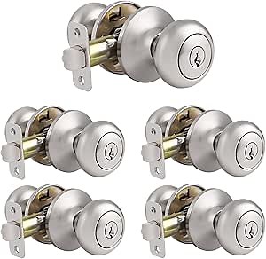 Probrico (5 Pack Brushed Nickel Keyed Entry Locksets, Keyed Alike Entry Door Knobs, Modern Entrance Locksets for Bedroom Front Door Office