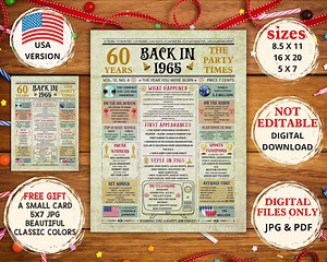 60th Birthday Newspaper 1965, Birth Gift Idea for 60 Year Old, Back in 1965 Newspaper Fun Facts, 60 Years Birthday, Birthday Decorations. - Etsy