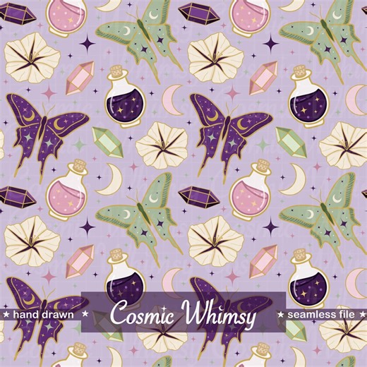 Luna Moth Celestial Seamless Pattern Hand Drawn PNG Midnight Apothecary Crystal Potion Floral Witchy Digital Paper Surface Design Lavender - Etsy