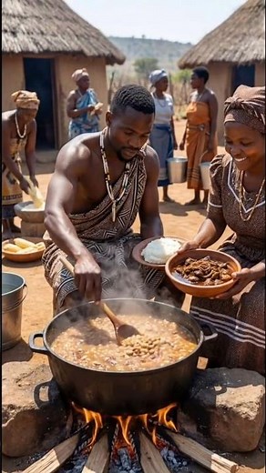 Traditional Zulu tribe cooking: Umngqusho feast over open fire🍲🔥 #tribalfood #tribalcooking #shorts
