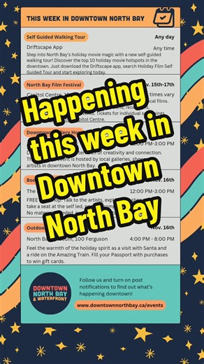 🎬 Explore the magic of Downtown North Bay & Waterfront with a self-guided film tour through the Driftscape app! Feel the excitement as you uncover the top 10 Holiday Film locations and immerse yourself in cinematic history. Did you know? The North Bay Film Festival is happening this weekend at the Capitol Centre, alongside the daytime Downtown Gallery Hop from 12-3pm on Saturday. Plus, visit The FARM for a Book Collage launch and workshop, and enjoy the third week of the North Bay Winter Market