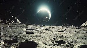 vast desolate moon surface with jagged craters and scattered debris earth hanging far above as a small blue dot stark contrasts between the moons rough texture and the dist