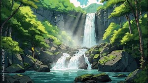 Dive into the captivating world of anime with this 4K video showcasing a waterfall in a picturesque forest, bathed in sunlight and rendered in stunning detail.