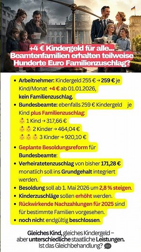 👨‍👩‍👧 Kindergeld 2026: Nur 4 € mehr – bekommen Beamte Hunderte Euro extra? #Kindergeld2026