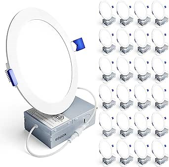 Ensenior 24 Pack 6 Inch LED Recessed Light, Dimmable, 6000K Clear White, 1200LM High Brightness, 12W 120V, Damp Rated, Ultra-Thin Canless Wafer Ceiling Light - ETL & FCC & IC - Amazon.com