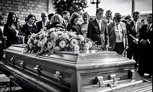 A somber funeral scene with mourners gathered around a flower-adorned coffin, captured in black and white, expressing grief and solemnity.