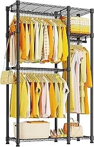 Heavy Duty Clothes Garment Racks: 850LBS Closet Organizer Portable Clothing Racks for Hanging Coat with Shelves Wardrobe Adjustable Freestanding Sturdy Metal Black Double Rods (Black Large)