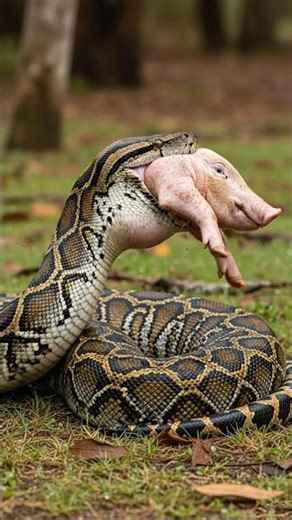 A Big Python Holding A Pig and Swallowing Swallowing Eating #python #wildlife #pig #trending