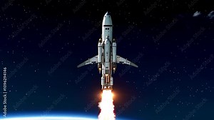 Space rocket take off from Earth. Spacecraft in sky. Mission on Moon of spacecraft. Spaceship take off. Space program.