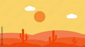 Moving animation of desert landscape with cacti and mountains, desert animation in flat style, 4k