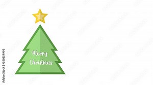 Merry Christmas Animated Greeting Card. Christmas tree with star paper style cut Christmas and new year decorations pattern background. Balls, holly berries and cookies. Celebration card or banner