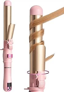 MAIMEITE Rotating Curling Iron - 1 inch Automatic Hair Curler Barrel 30s Instant Heat Wand 360° Rotating Easy to get Curls and Waves Dual Voltage with Home Button,Pink Gold