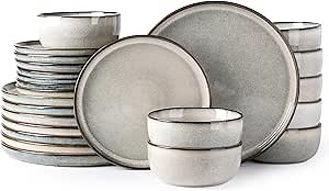 GBHOME Ceramic Dinnerware Sets for 8, 24 Pieces Stoneware Plates and Bowls Sets, Scratch Resistant Dishes, Dishwasher & Microwave Safe, Reactive Glaze-Green Wheat