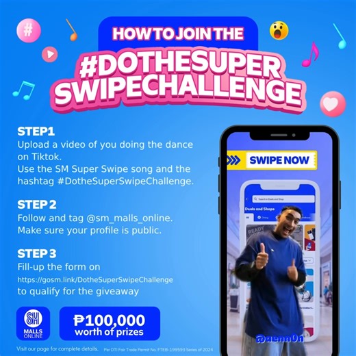 Join #DotheSuperSwipeChallenge with just 3 simple steps for a chance to win from our prize pool worth P100,000 in SM Gift Certificates and SMO app vouchers! It's time to show off your moves for a chance to win! 🤩 Join here https://gosm.link/DotheSuperSwipeHTC Discover the best deals at SM with the SMO app! Get it here https://click.smmallsonline.com/DFqS/2j1rx0fr #AWorldOfExperienceAtSM #AweSMDealsEveryday | SM Seaside City Cebu (Official)