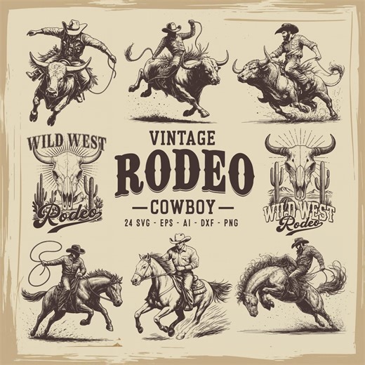 Vintage Rodeo Cowboy SVG Bundle, Riding Bull Scene Western Art Digital File, Instant Download - Etsy