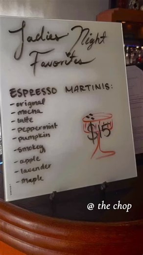 For ladies night tonight , we will feature a selection of Expresso Martini options . This will only be available tonight for ladies night . #elizabethschophouse #greatfood #greatdrinks #greatservice | Elizabeth's Chop House