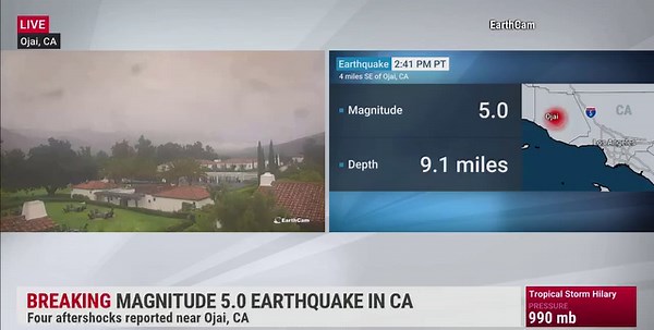 BREAKING: A 5.0 Magnitude earthquake has hit Ojai, California. The state is currently in the midst of Tropical Storm #Hilary, which brought heavy rain and winds to California and the Southwestern U.S. | The Weather Channel