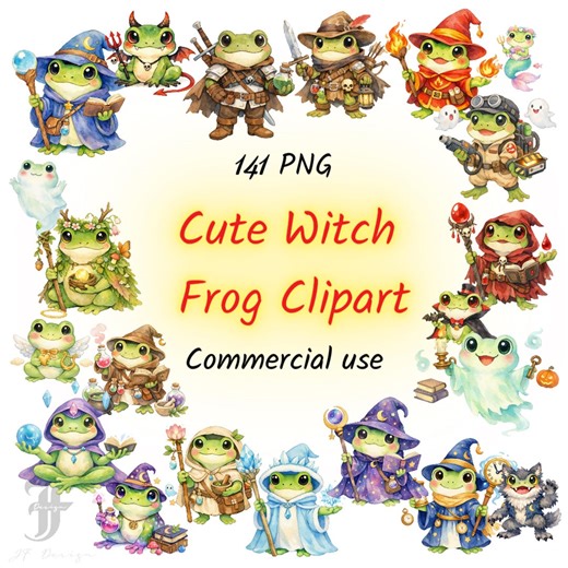 Cute Witch Frog Clipart Bundle, Spooky Kawaii Fantasy Frog Graphics for Halloween Stickers, Shirts and Mugs