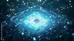 AI artificial intelligence data mining circuit board electronic deep learning Computer chip technology. Digital blue neon futuristic technology themed motion graphics. Motherboard macro shot.